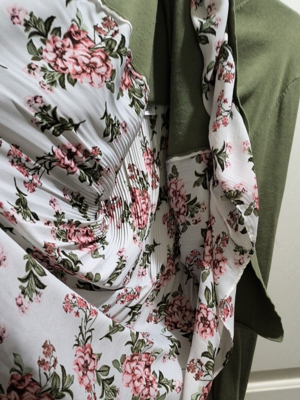 Time and Tru Olive Green Layered Look Top with Floral Insert - Picture 4 of 4